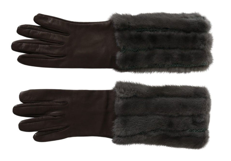 Gants mi-longs en cuir et fourrure marron Dolce &amp; Gabbana