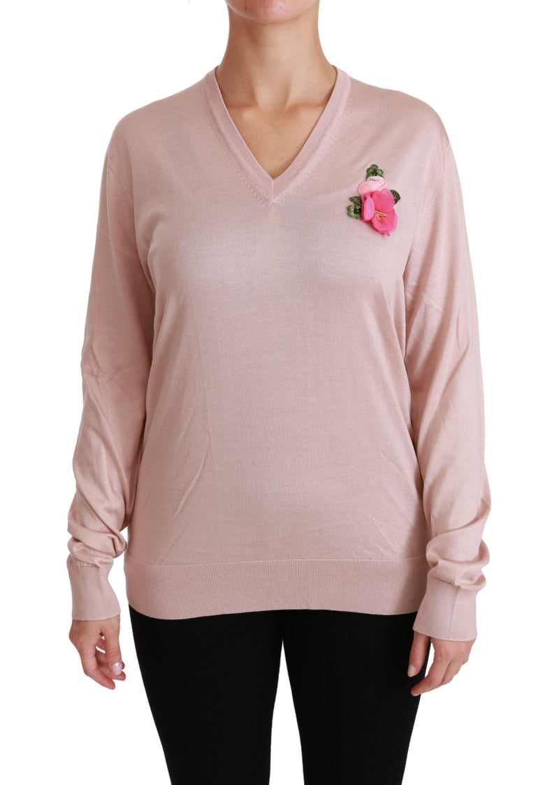 Pull en soie rose à motifs floraux et ornements de Dolce &amp; Gabbana