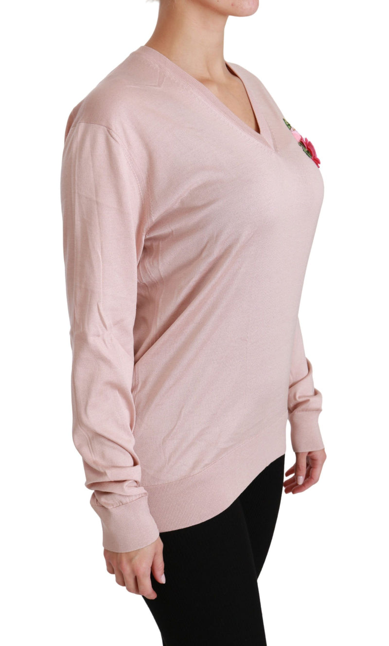 Pull en soie rose à motifs floraux et ornements de Dolce &amp; Gabbana