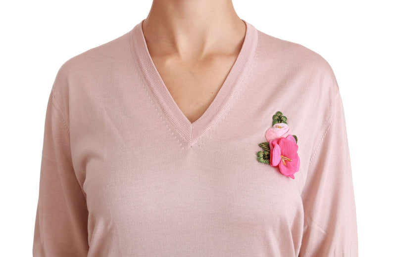 Pull en soie rose à motifs floraux et ornements de Dolce &amp; Gabbana