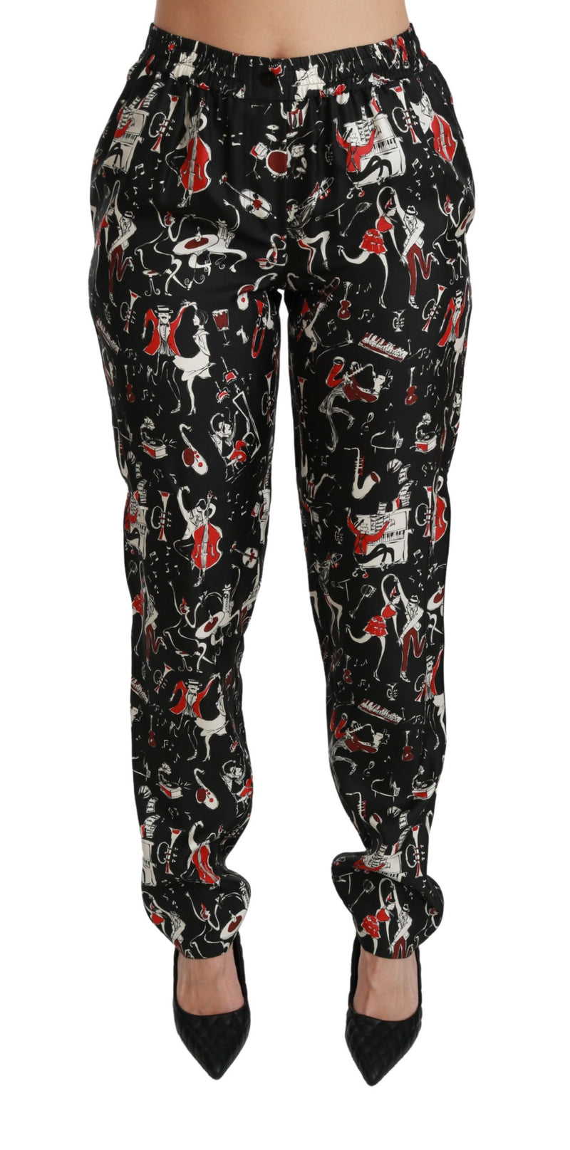 Pantalon mi-hauteur en soie noire à motifs instrumentaux de Dolce &amp; Gabbana