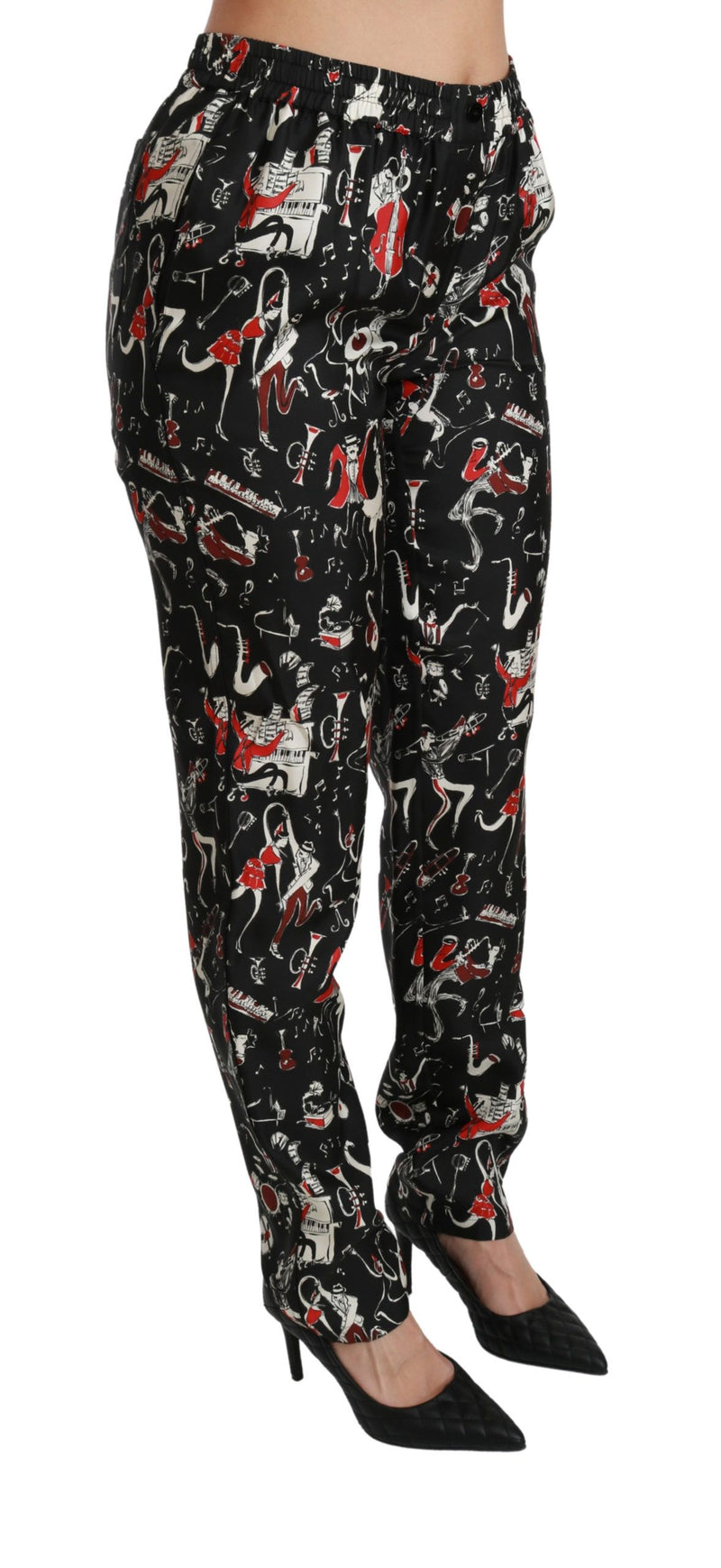 Pantalon mi-hauteur en soie noire à motifs instrumentaux de Dolce &amp; Gabbana
