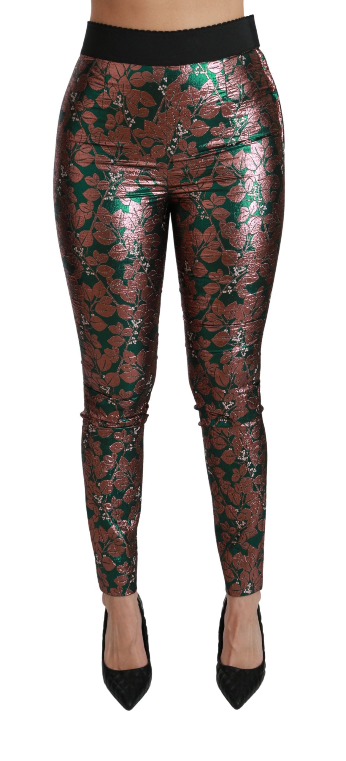 Leggings skinny Dolce &amp; Gabbana, vert bronze, motif feuilles.