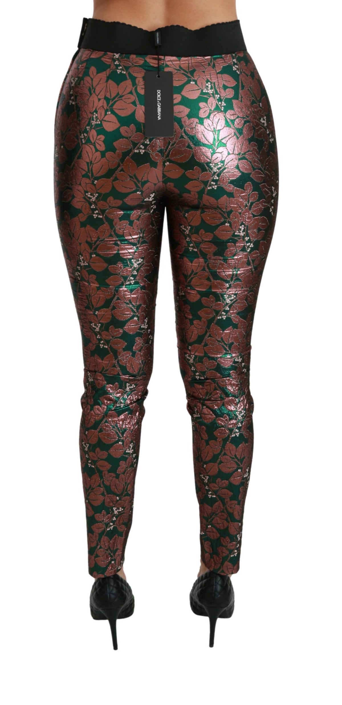 Leggings skinny Dolce &amp; Gabbana, vert bronze, motif feuilles.