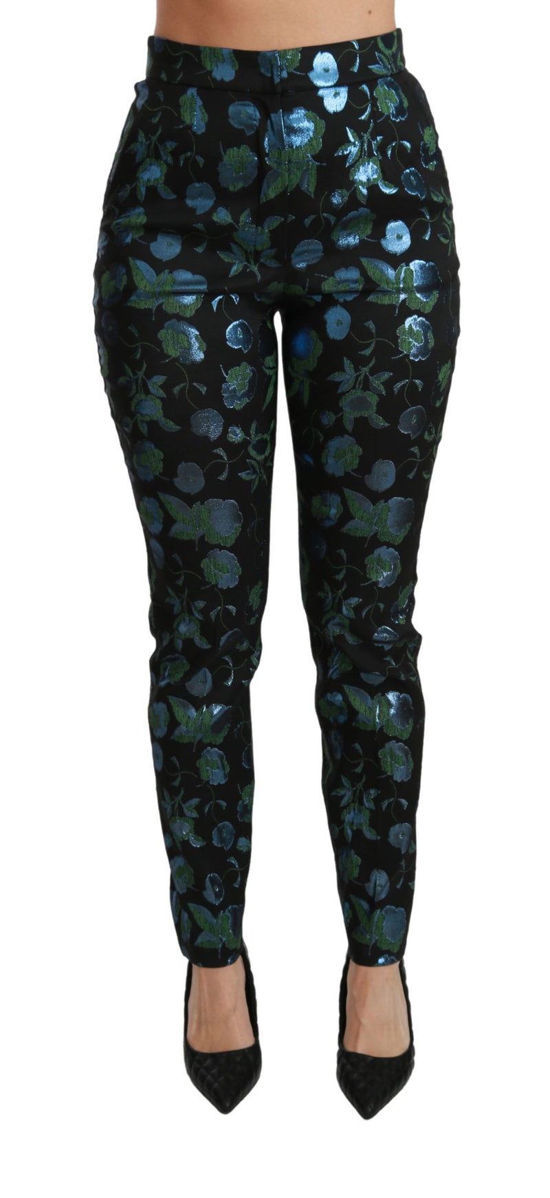Pantalon slim bleu vert à motifs floraux métalliques Dolce &amp; Gabbana