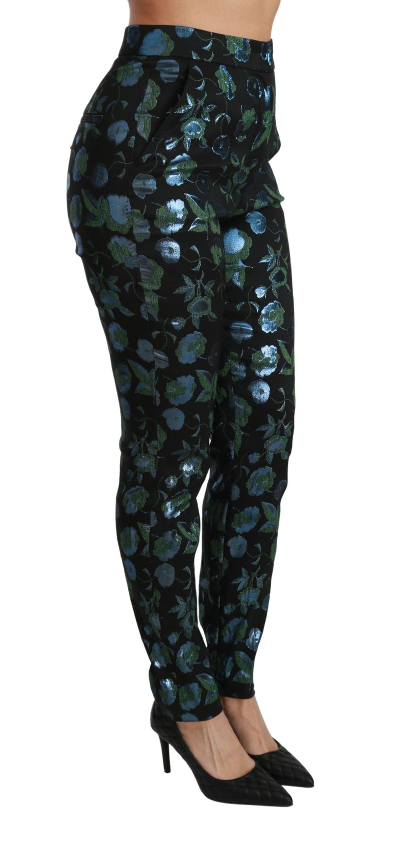 Pantalon slim bleu vert à motifs floraux métalliques Dolce &amp; Gabbana
