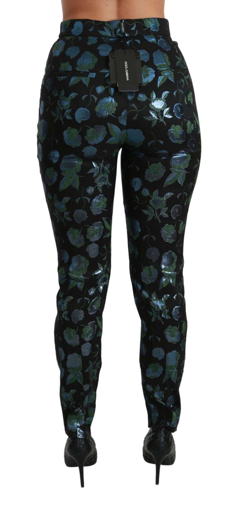 Pantalon slim bleu vert à motifs floraux métalliques Dolce &amp; Gabbana
