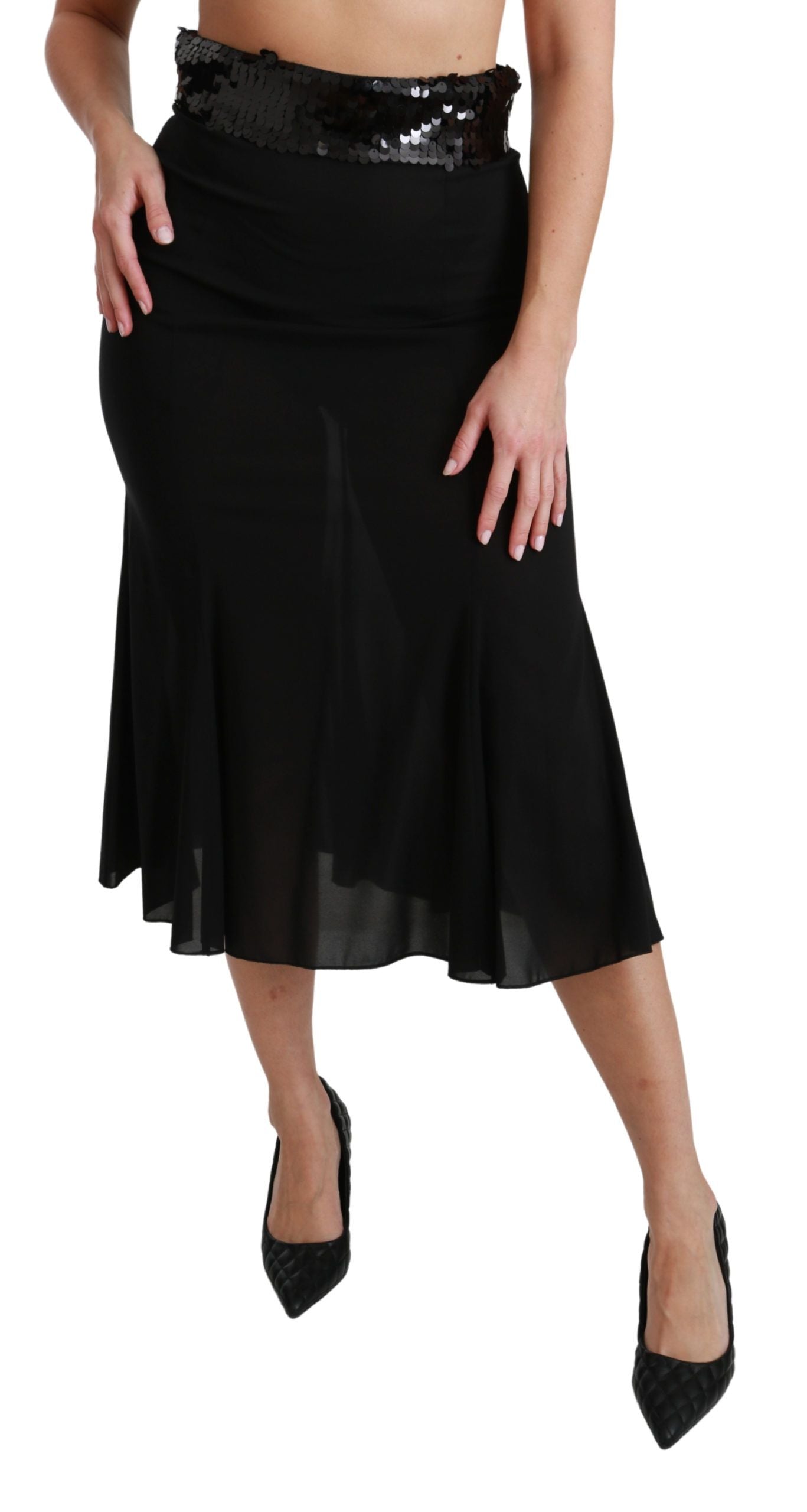 Jupe mi-longue en soie noire à taille haute, style sirène, Dolce &amp; Gabbana