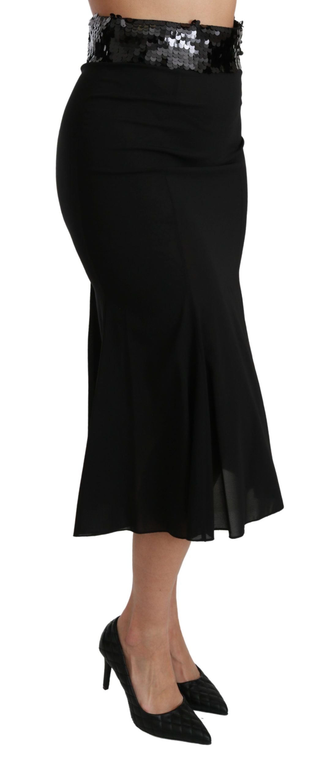 Jupe mi-longue en soie noire à taille haute, style sirène, Dolce &amp; Gabbana