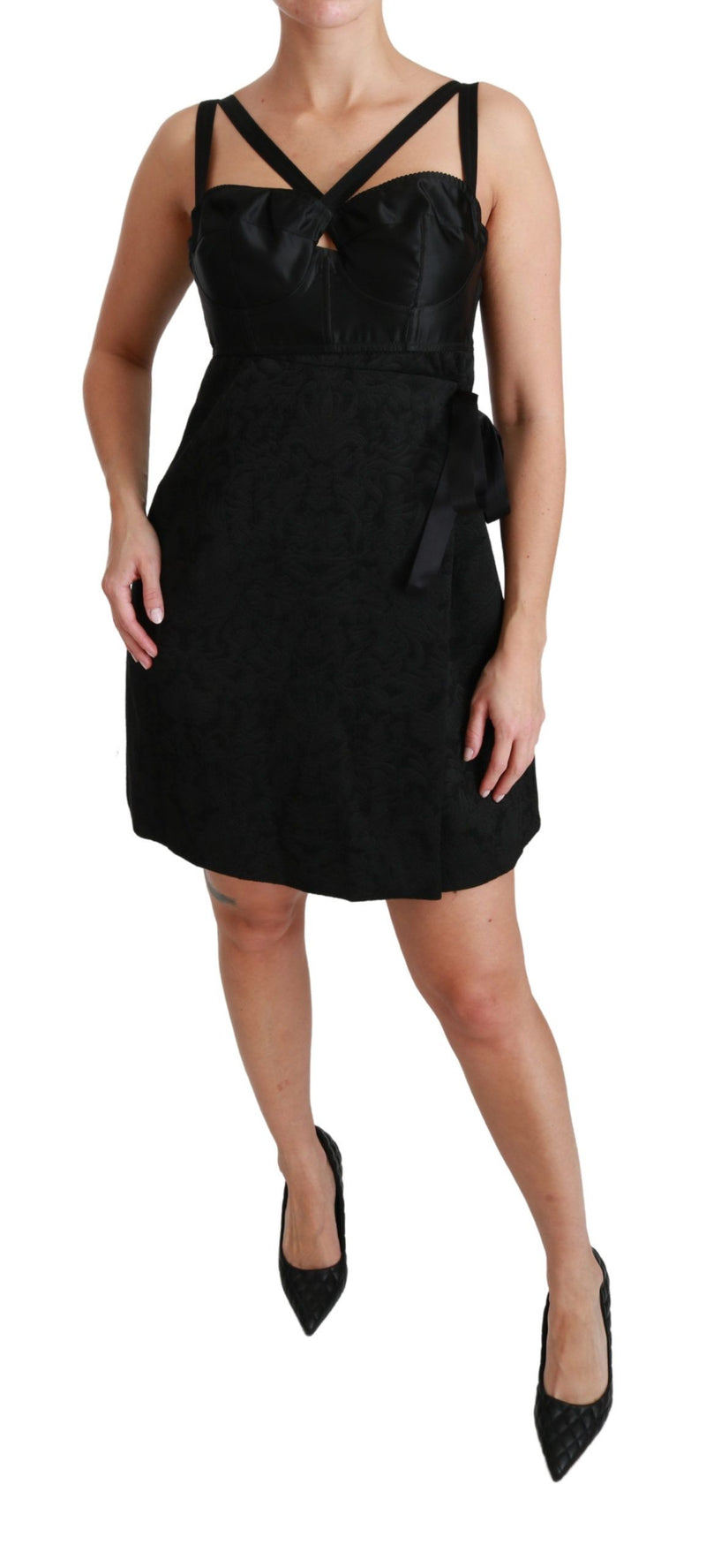 Mini-robe en satin jacquard extensible noir de Dolce &amp; Gabbana