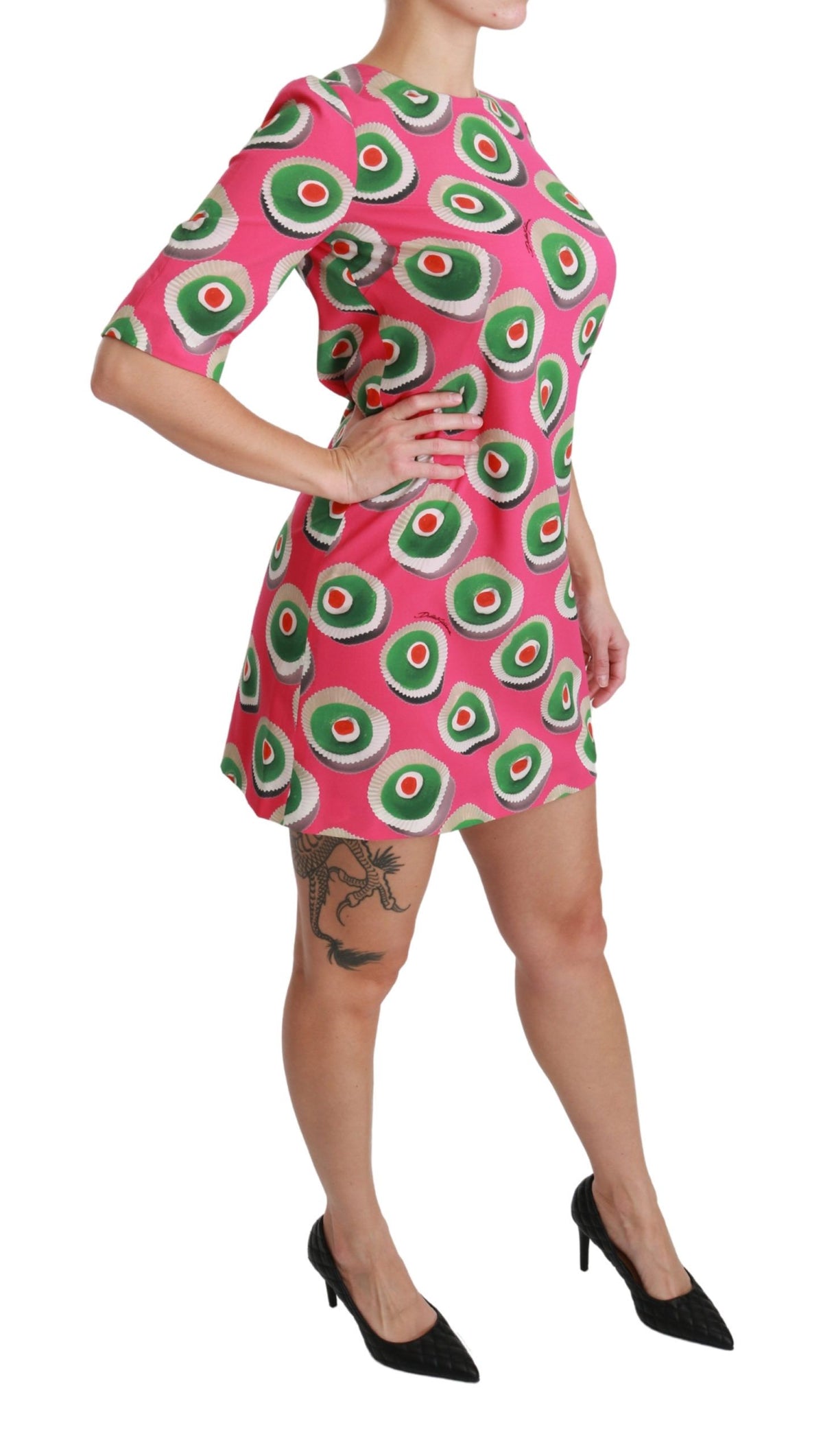 Robe trapèze en soie rose à motif Cup Cake de Dolce &amp; Gabbana