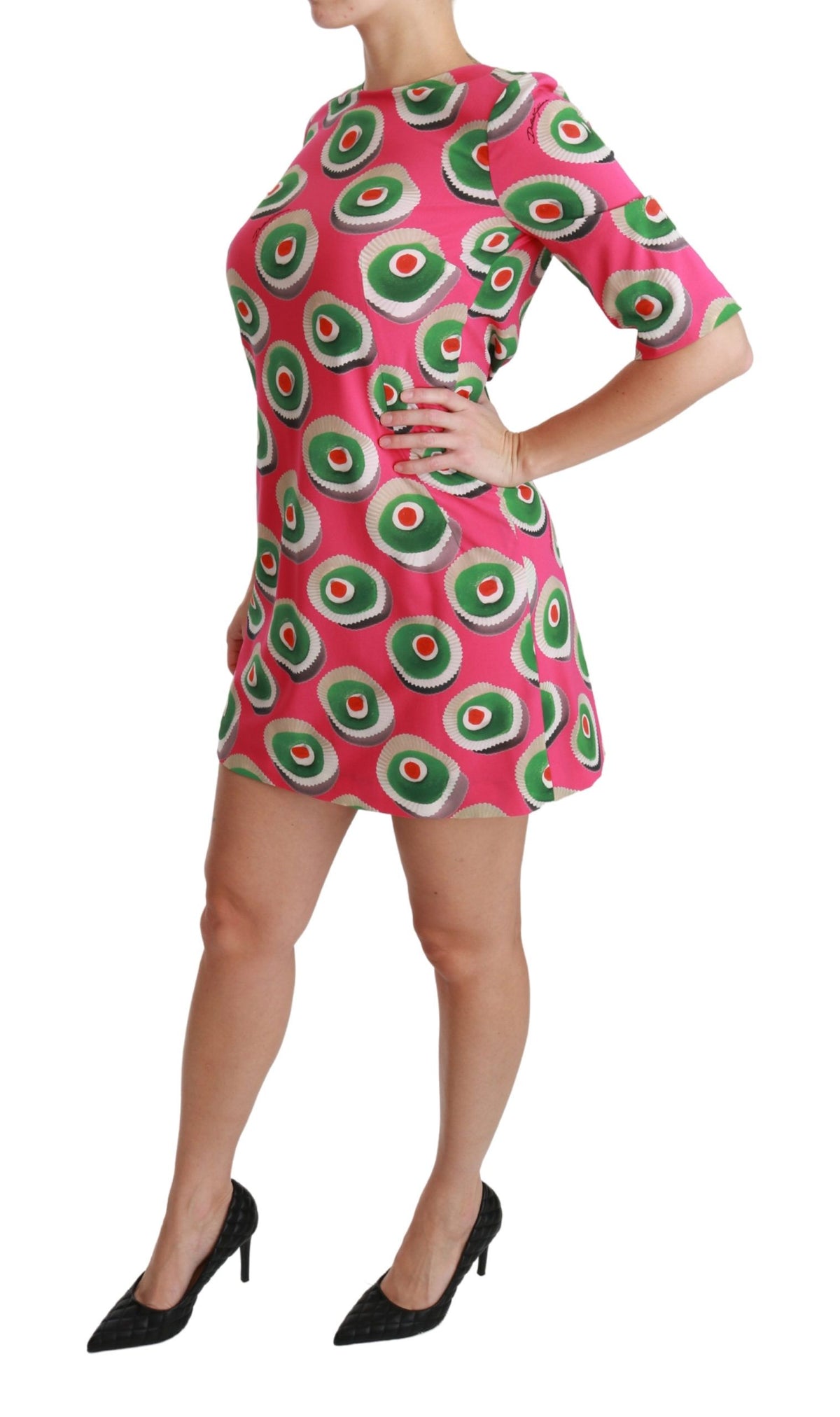 Robe trapèze en soie rose à motif Cup Cake de Dolce &amp; Gabbana