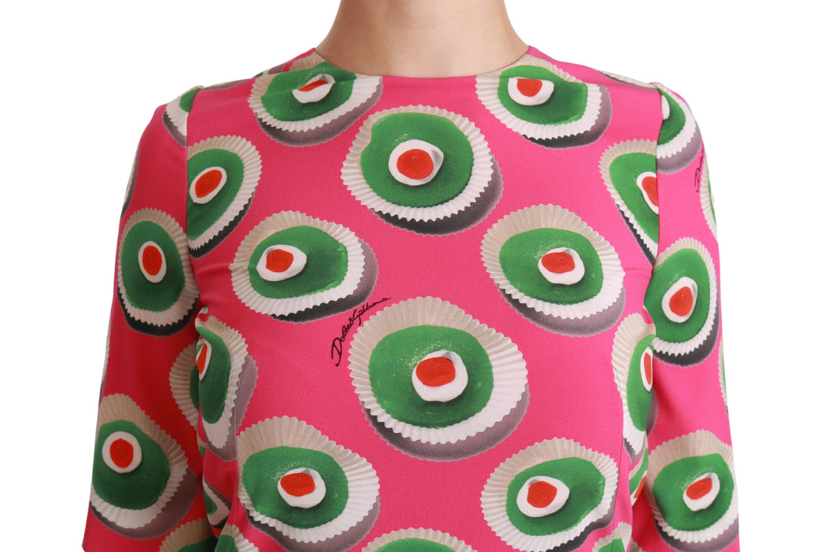Robe trapèze en soie rose à motif Cup Cake de Dolce &amp; Gabbana