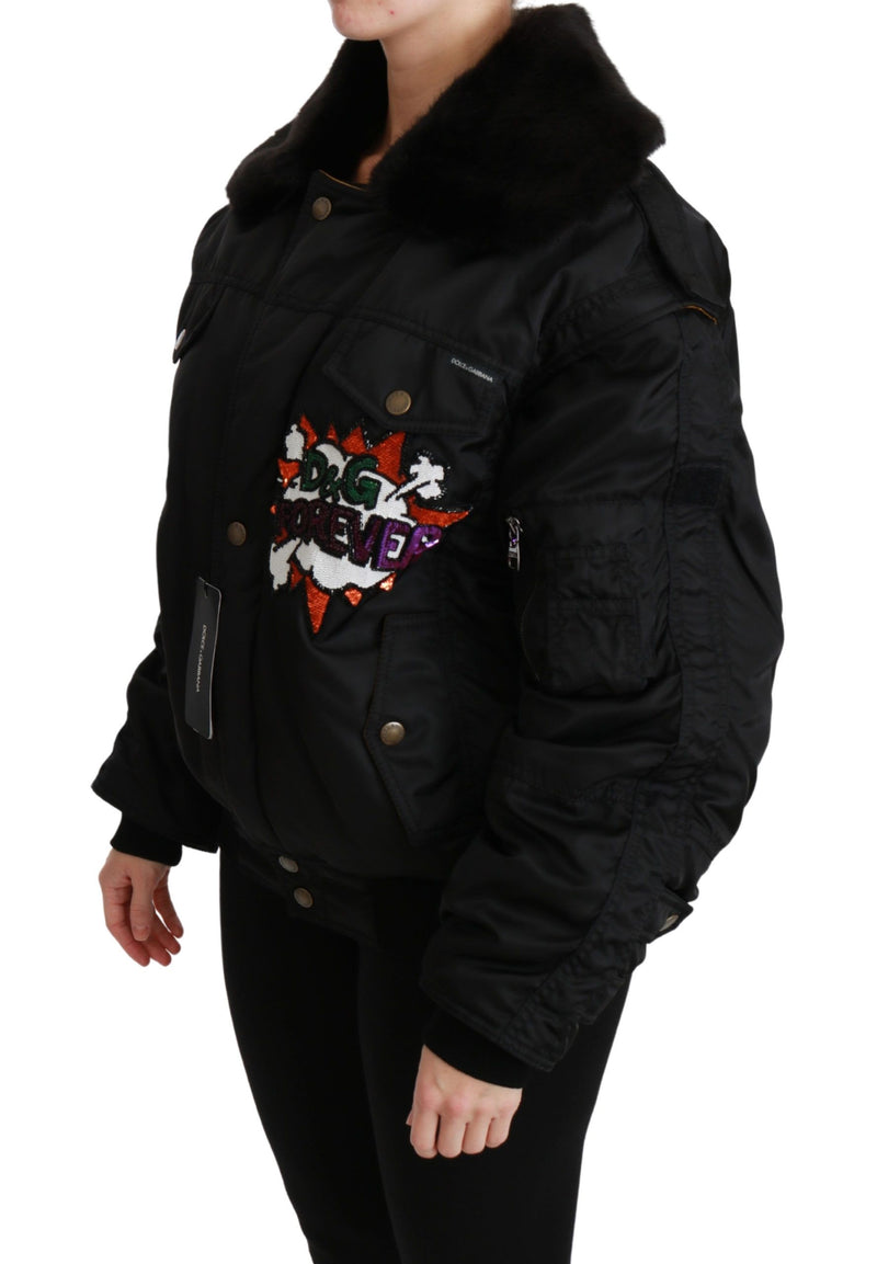 Bomber Jacket Noir à Couronne et Strass de Dolce &amp; Gabbana