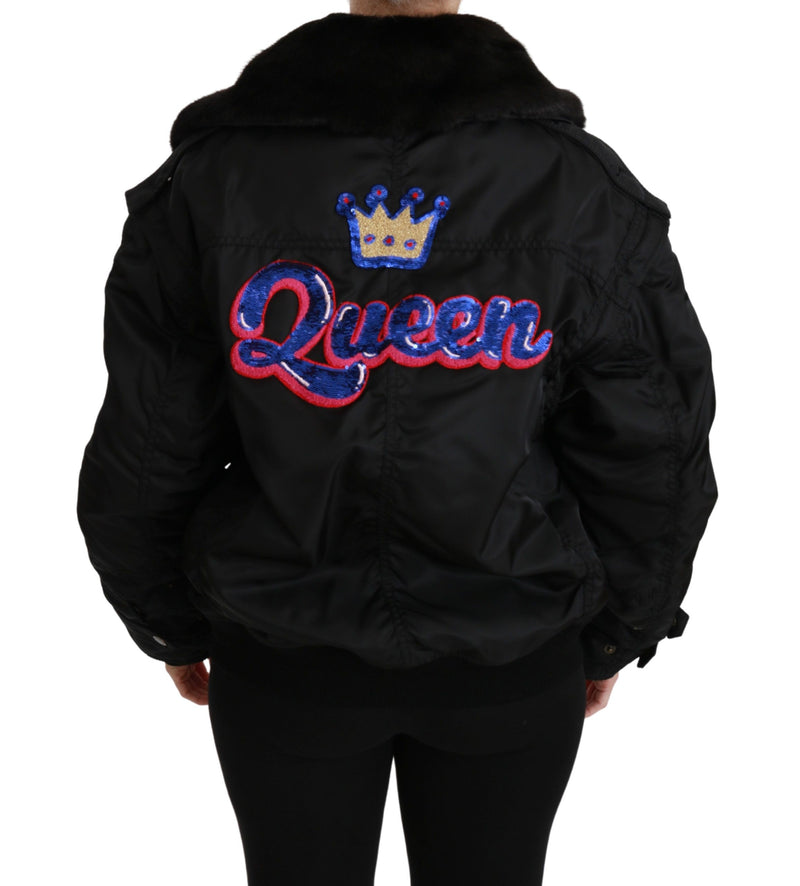 Bomber Jacket Noir à Couronne et Strass de Dolce &amp; Gabbana