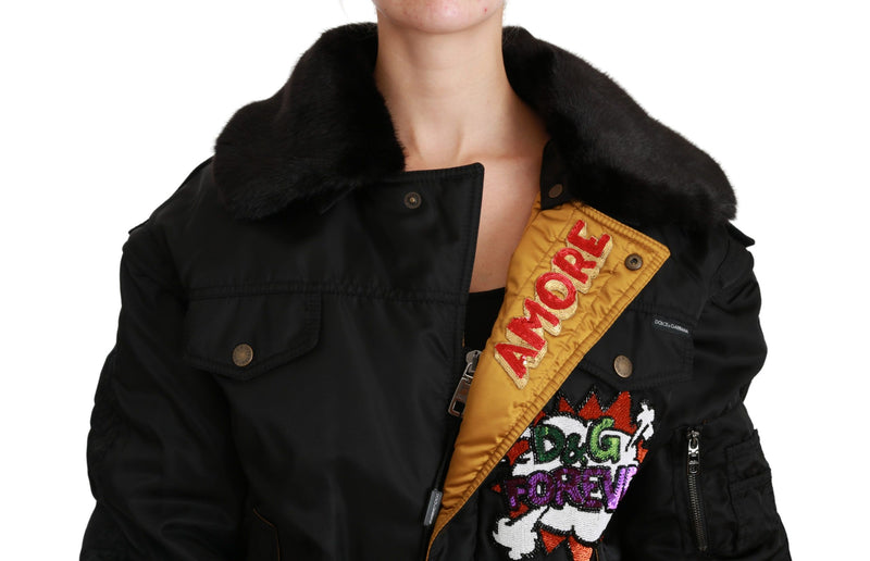Bomber Jacket Noir à Couronne et Strass de Dolce &amp; Gabbana