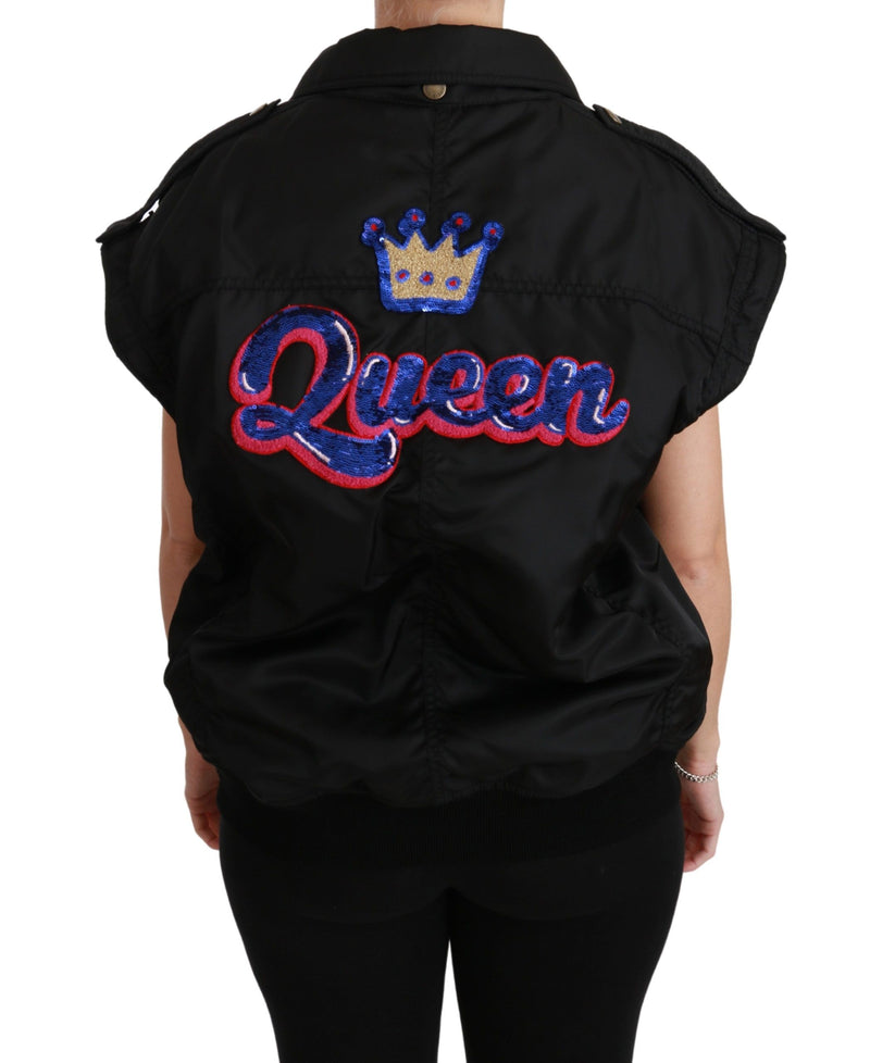 Bomber Jacket Noir à Couronne et Strass de Dolce &amp; Gabbana