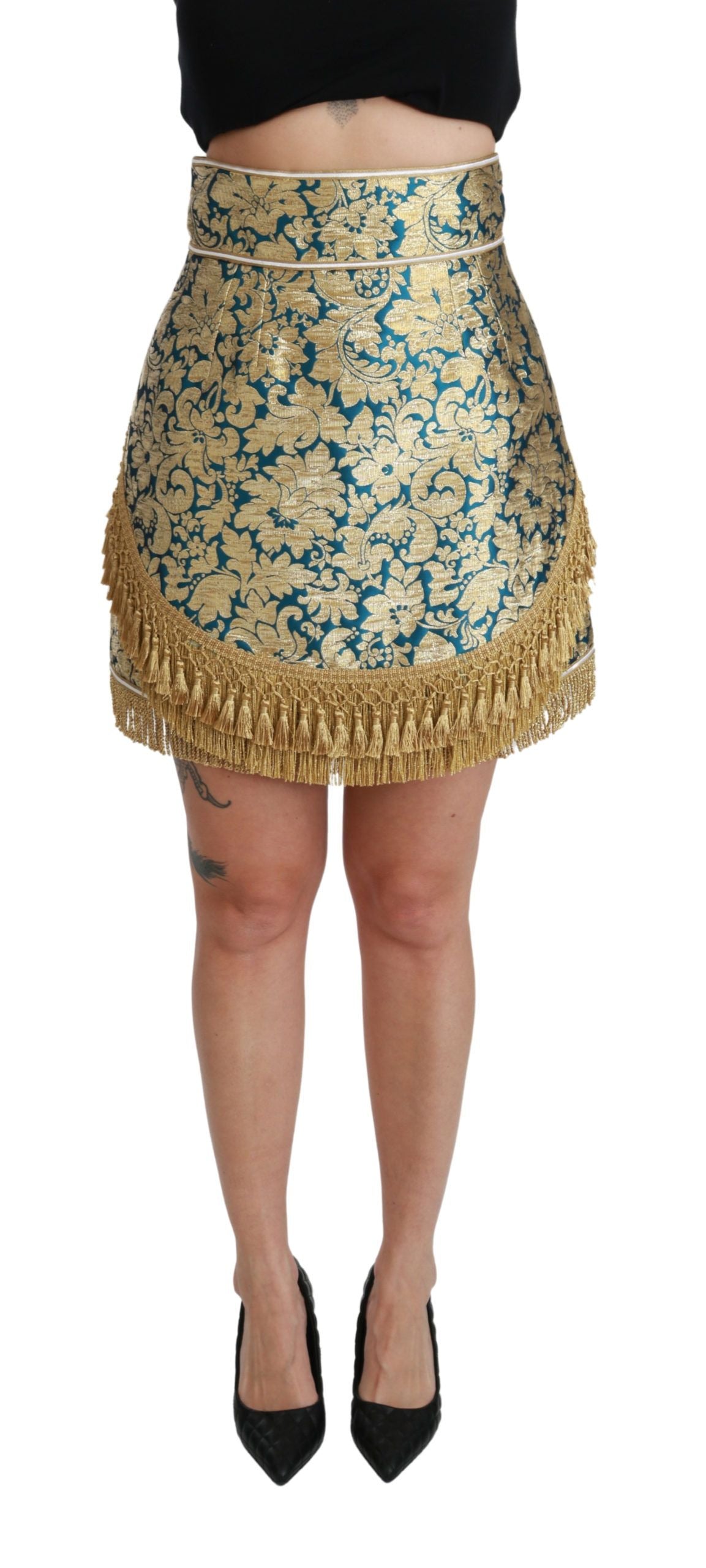 Jupe Dolce &amp; Gabbana bleue taille haute jacquard à franges dorées