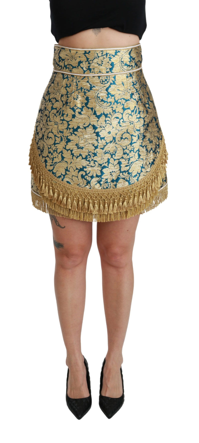 Jupe Dolce &amp; Gabbana bleue taille haute jacquard à franges dorées