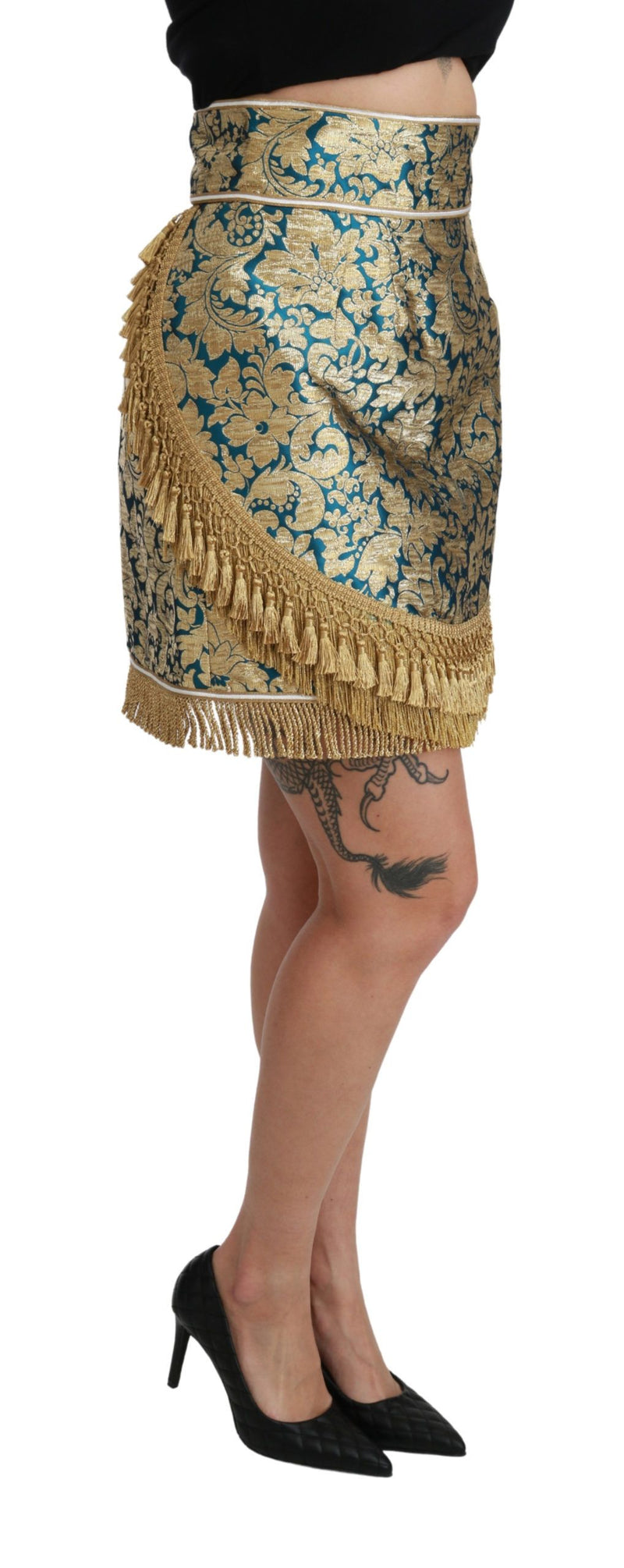 Jupe Dolce &amp; Gabbana bleue taille haute jacquard à franges dorées