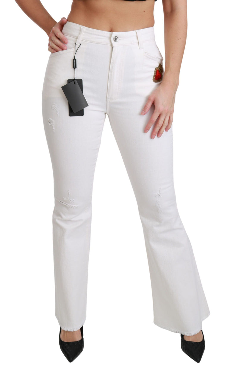 Pantalon Dolce &amp; Gabbana blanc évasé en coton stretch à motif cœur