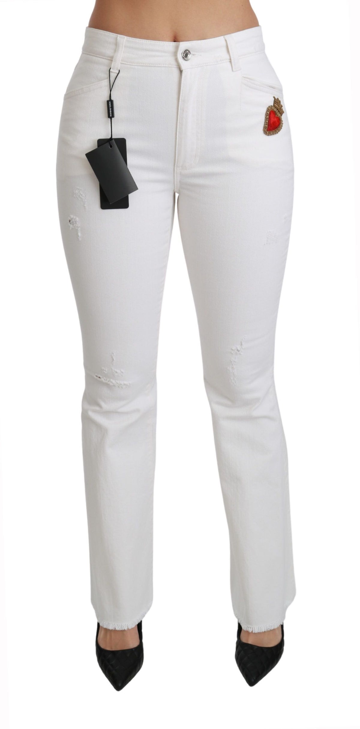 Pantalon Dolce &amp; Gabbana blanc évasé en coton stretch à motif cœur