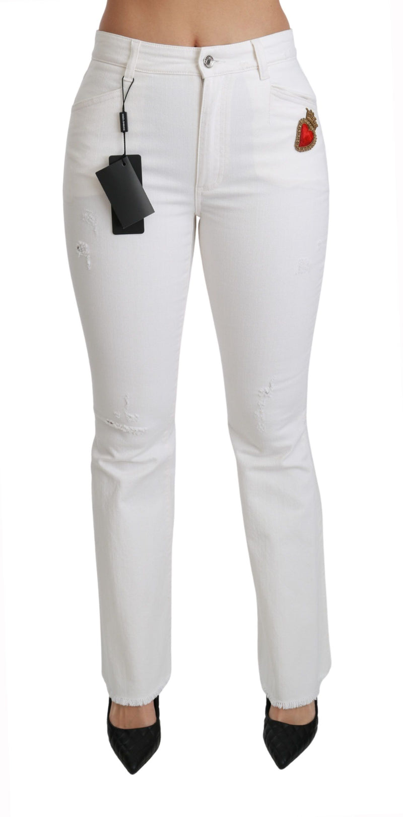 Pantalon Dolce &amp; Gabbana blanc évasé en coton stretch à motif cœur