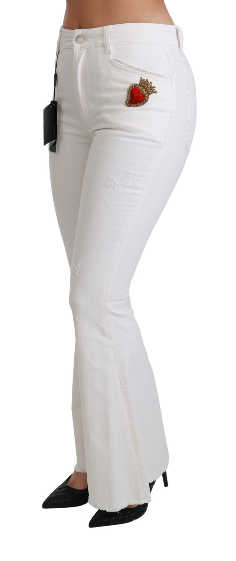 Pantalon Dolce &amp; Gabbana blanc évasé en coton stretch à motif cœur