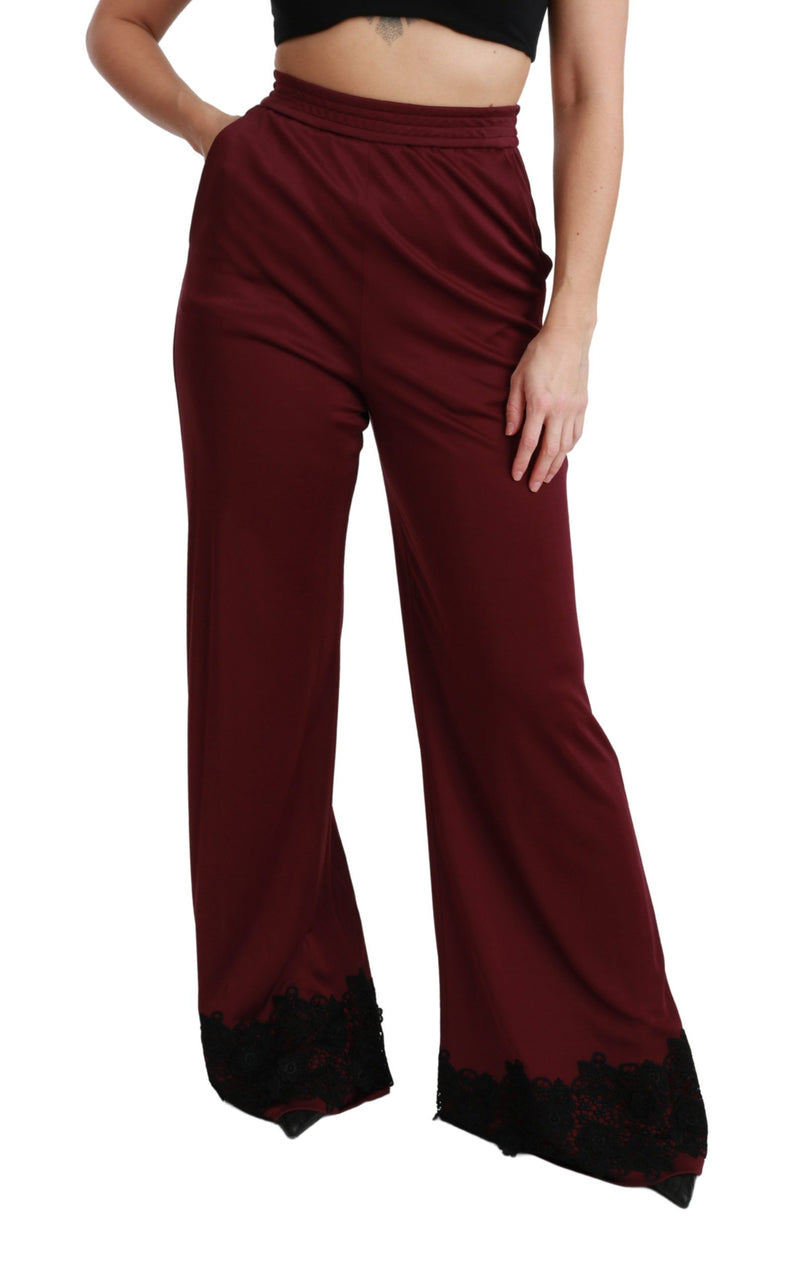 Pantalon Dolce &amp; Gabbana en dentelle noire, taille haute et jambes larges, couleur bordeaux
