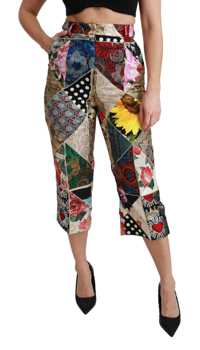 Pantalon court taille haute en soie imprimée multicolore Dolce &amp; Gabbana