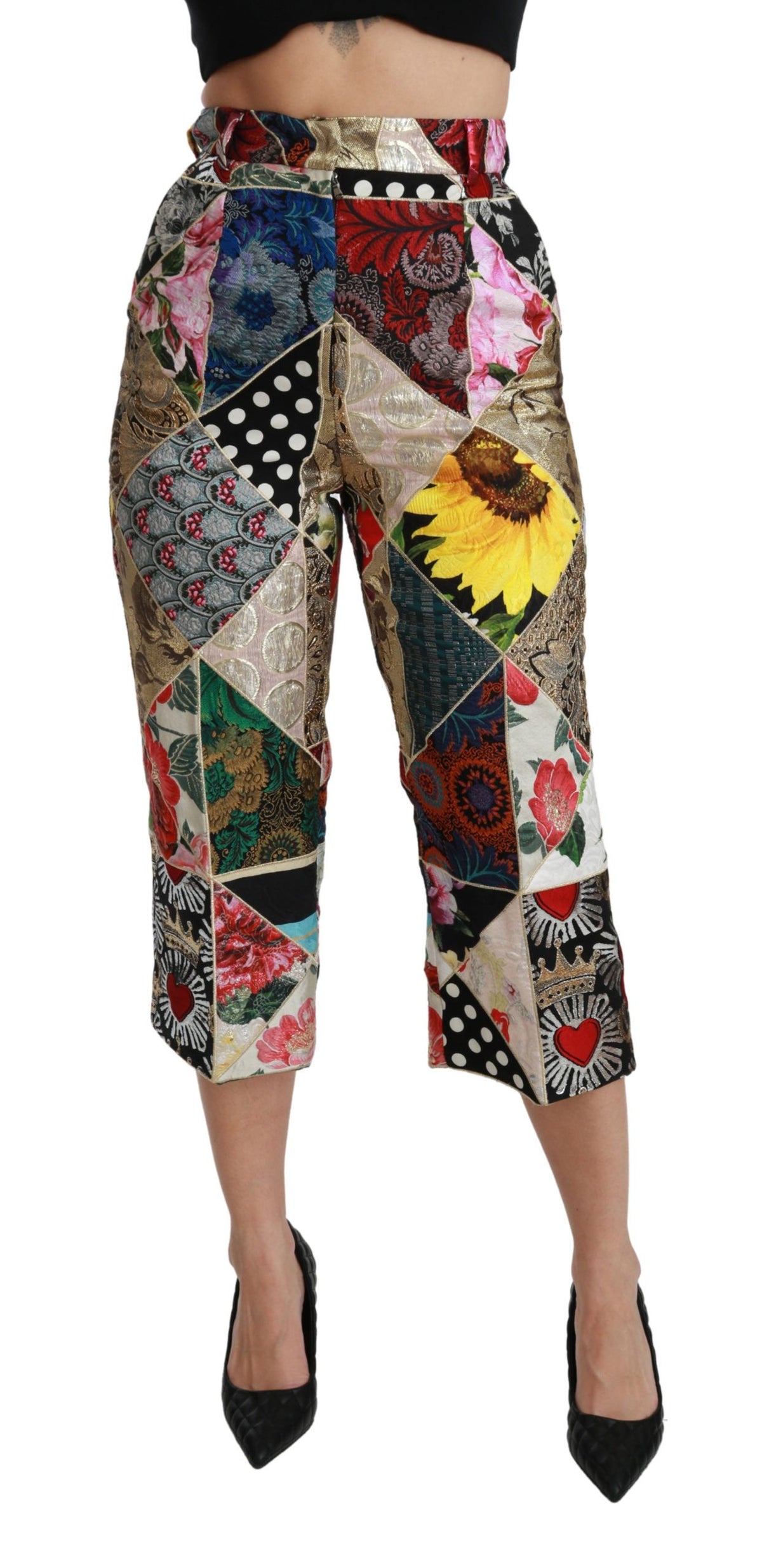 Pantalon court taille haute en soie imprimée multicolore Dolce &amp; Gabbana