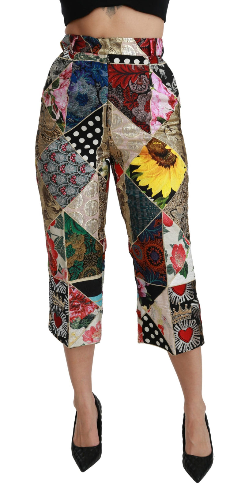 Pantalon court taille haute en soie imprimée multicolore Dolce &amp; Gabbana