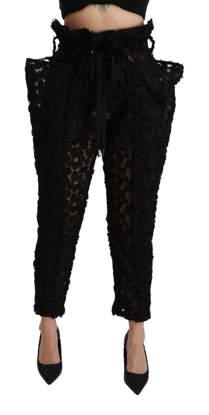 Pantalon Dolce &amp; Gabbana noir à dentelle florale et taille haute fuselée
