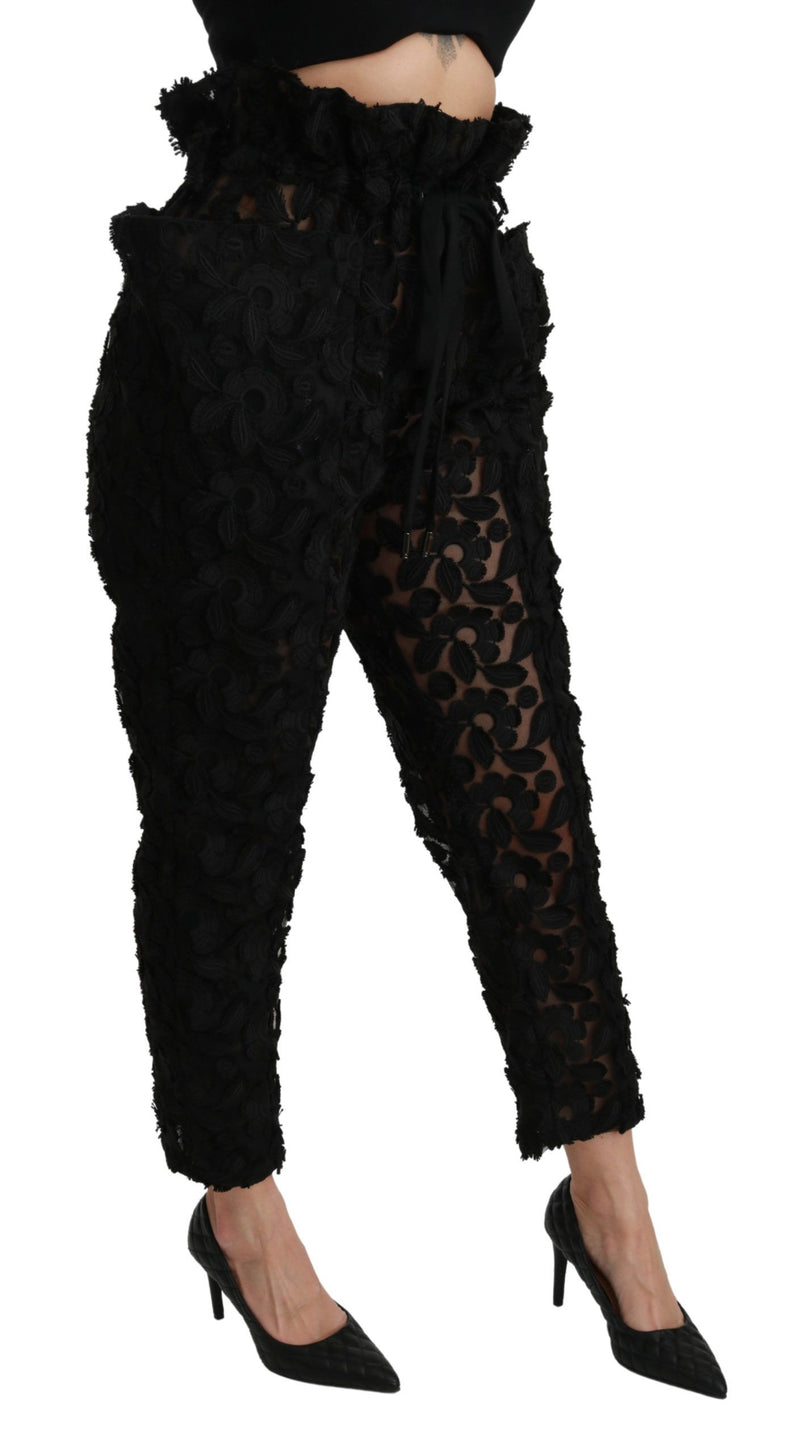 Pantalon Dolce &amp; Gabbana noir à dentelle florale et taille haute fuselée