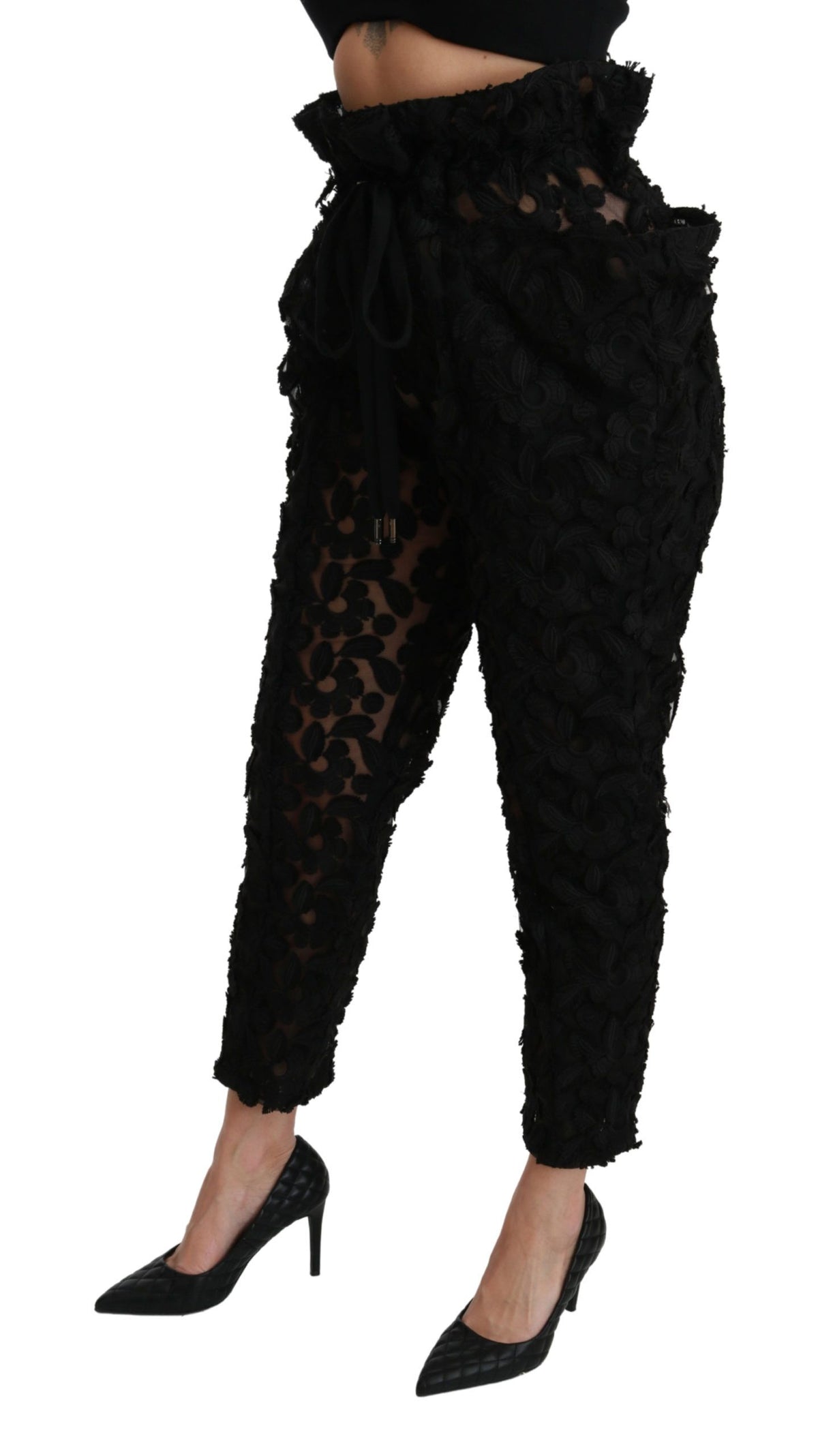 Pantalon Dolce &amp; Gabbana noir à dentelle florale et taille haute fuselée