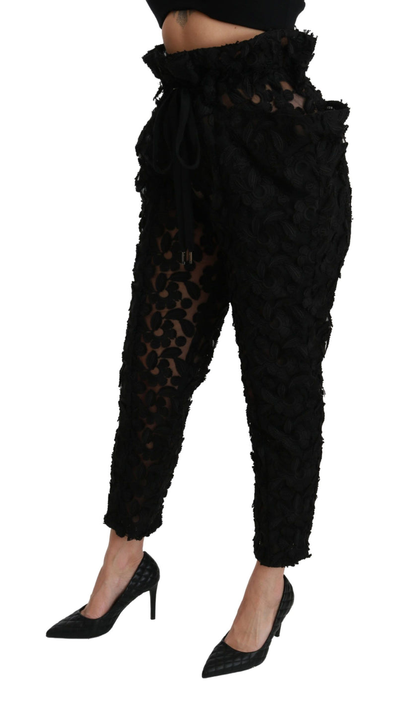 Pantalon Dolce &amp; Gabbana noir à dentelle florale et taille haute fuselée