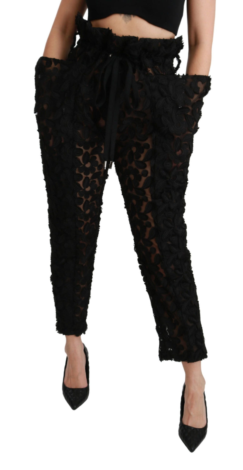 Pantalon Dolce &amp; Gabbana noir à dentelle florale et taille haute fuselée