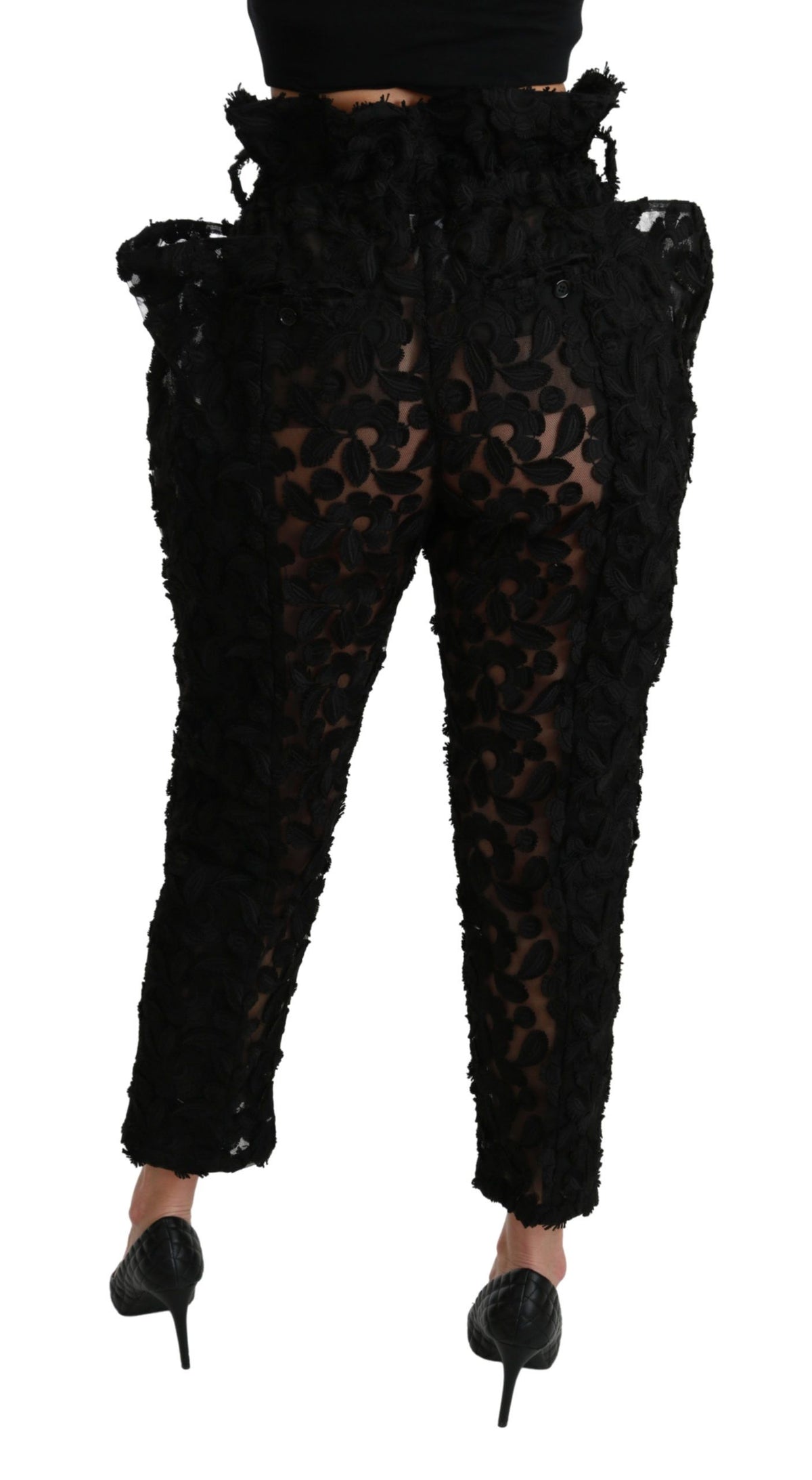 Pantalon Dolce &amp; Gabbana noir à dentelle florale et taille haute fuselée