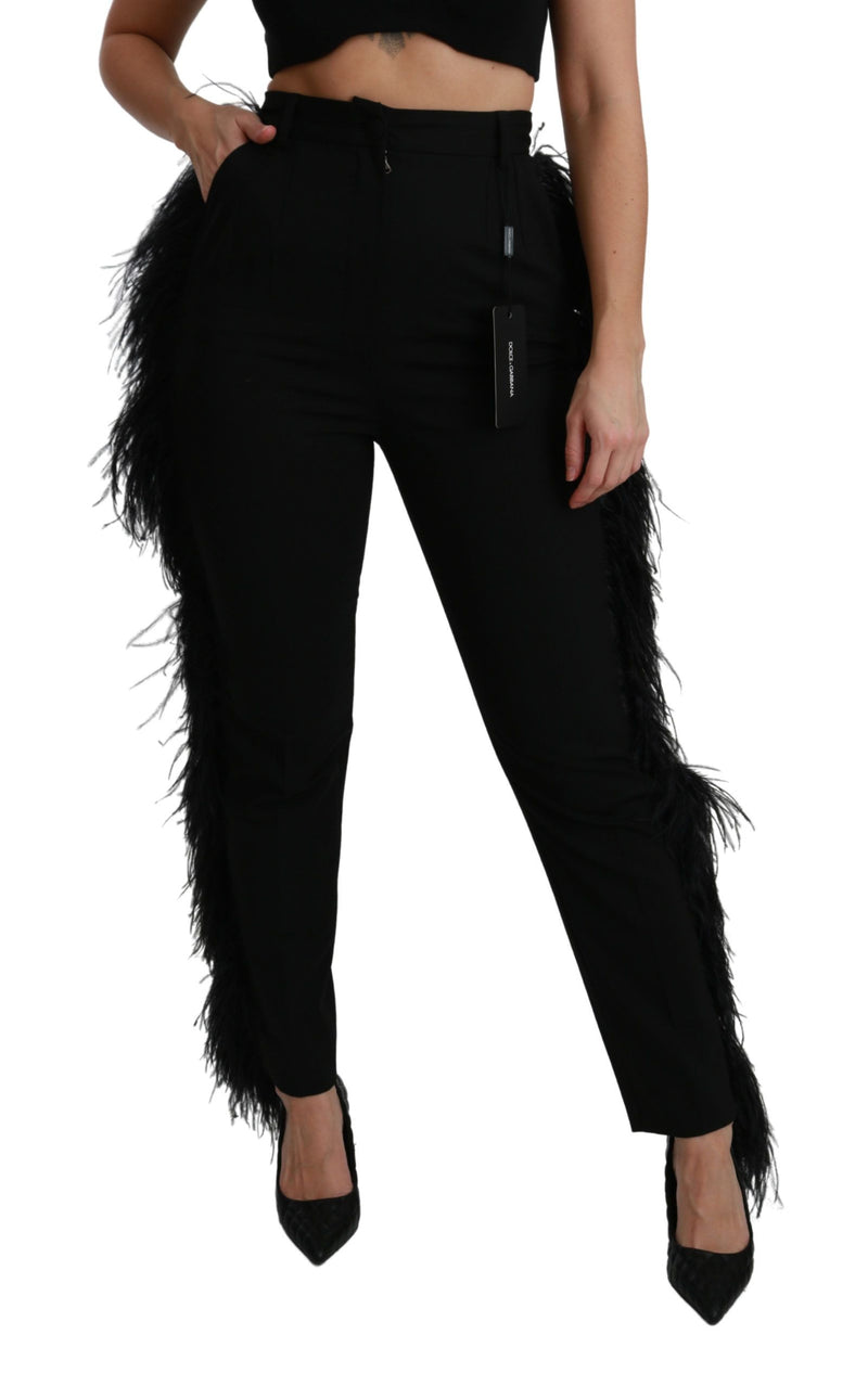 Pantalon droit taille haute en laine noire à plumes Dolce &amp; Gabbana