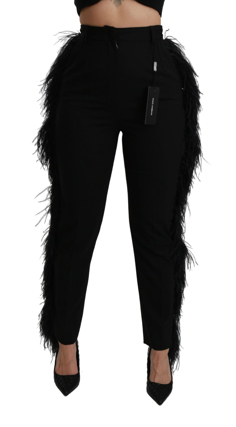 Pantalon droit taille haute en laine noire à plumes Dolce &amp; Gabbana