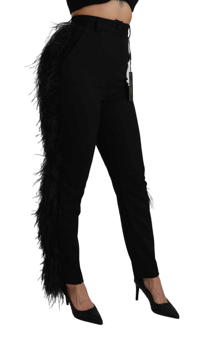 Pantalon droit taille haute en laine noire à plumes Dolce &amp; Gabbana