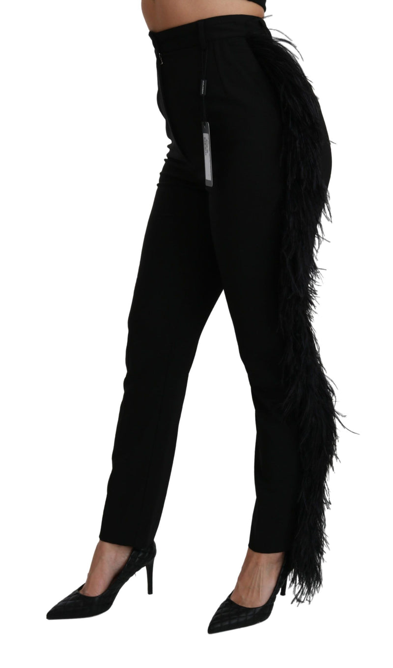 Pantalon droit taille haute en laine noire à plumes Dolce &amp; Gabbana