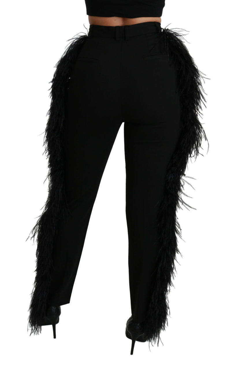 Pantalon droit taille haute en laine noire à plumes Dolce &amp; Gabbana