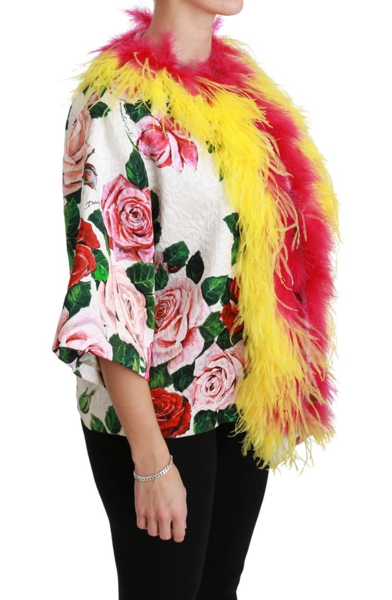 Manteau Dolce &amp; Gabbana blanc à fleurs, veste en fourrure à roses