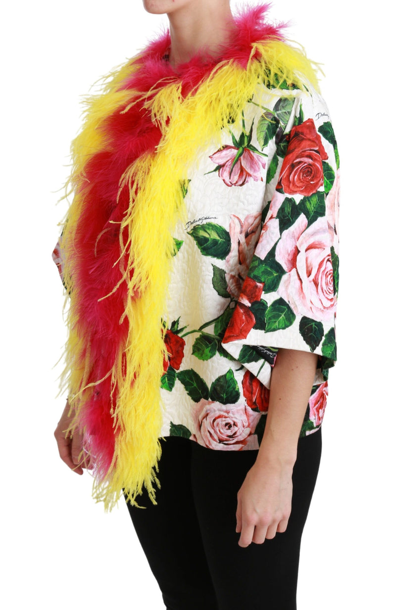 Manteau Dolce &amp; Gabbana blanc à fleurs, veste en fourrure à roses