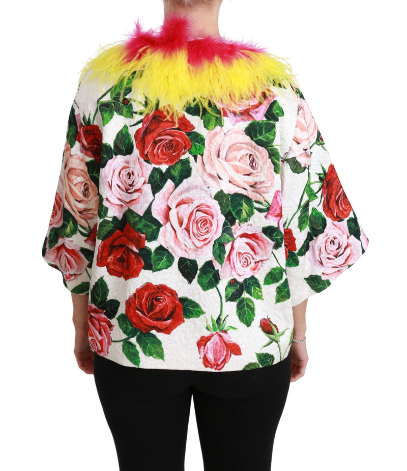 Manteau Dolce &amp; Gabbana blanc à fleurs, veste en fourrure à roses