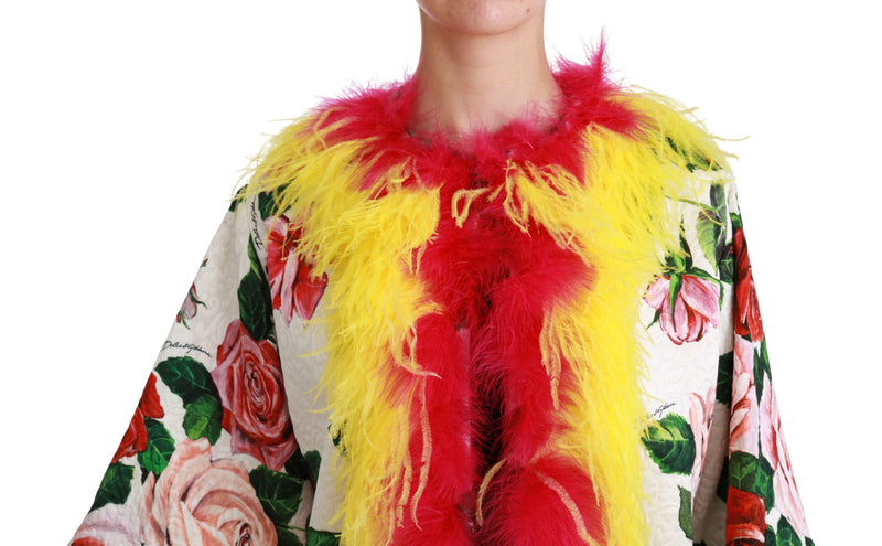 Manteau Dolce &amp; Gabbana blanc à fleurs, veste en fourrure à roses