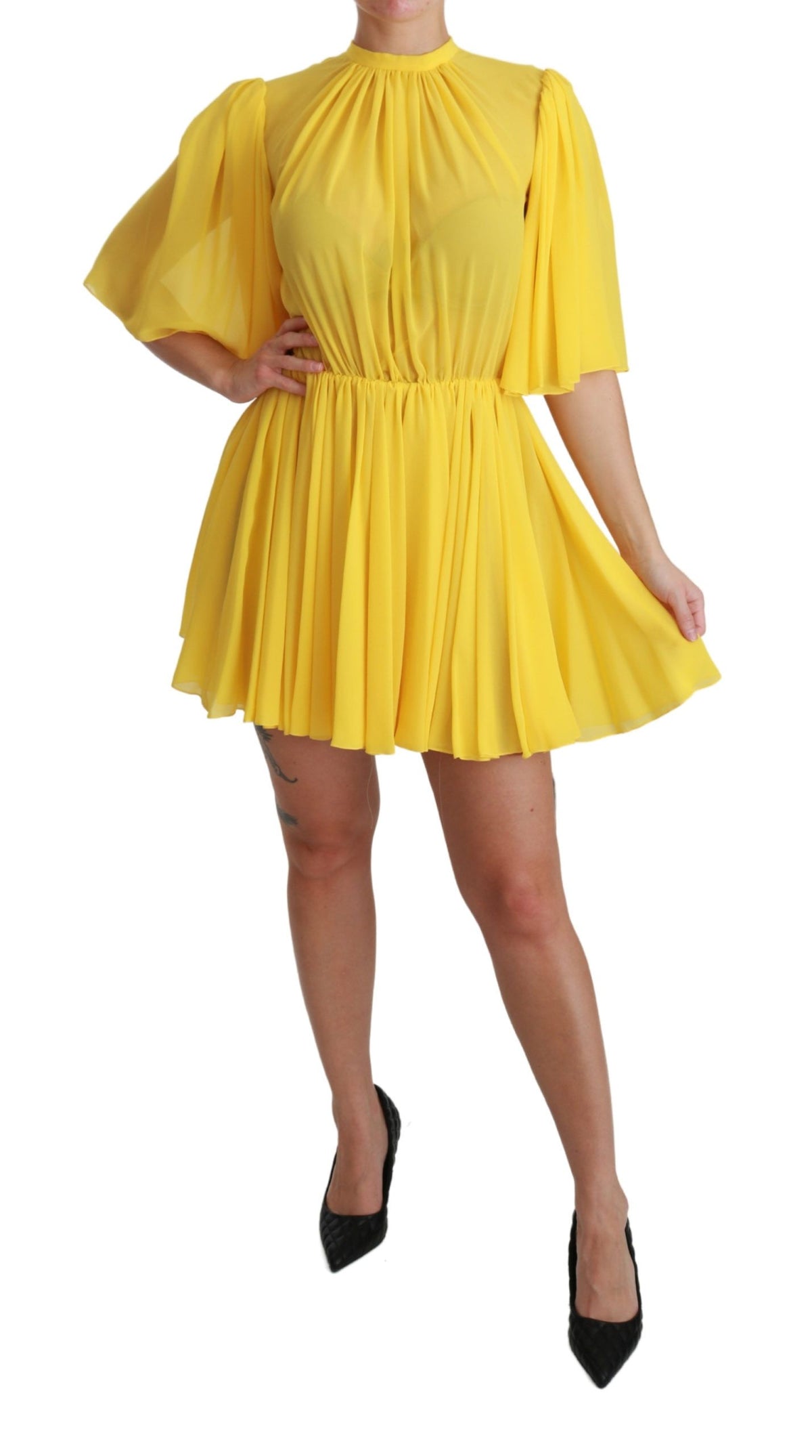 Robe Dolce &amp; Gabbana jaune plissée trapèze mini 100% soie