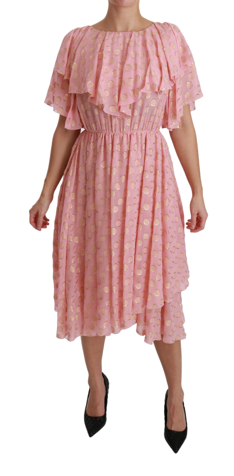 Robe midi plissée trapèze en soie rose à pois Dolce &amp; Gabbana