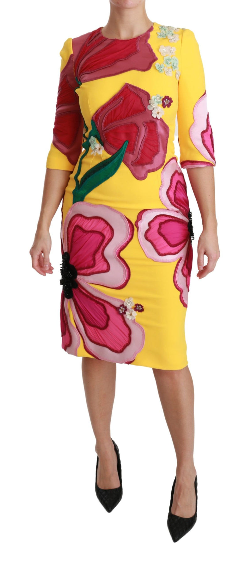 Robe fourreau moulante jaune à fleurs et cristaux Dolce &amp; Gabbana